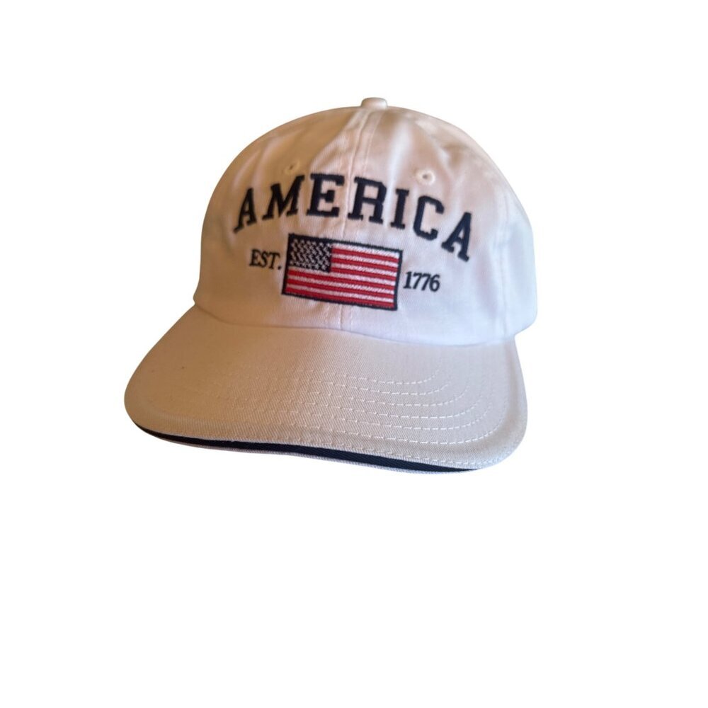 White Baseball Cap "America Est. 1776" Made In USA Adjustable Strap‎ Patriotic